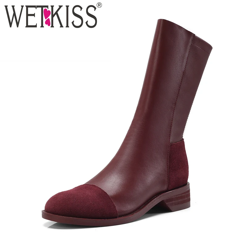 

WETKISS Autumn Women Ankle Boots Round Toe Footwear Square Low Heels Female Boot Cow Leather Motorcycle Shoes Women 2018 New