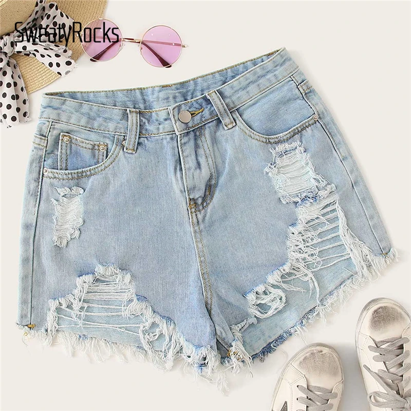 

SweatyRocks Ripped Frayed Edge Denim Shorts Streetwear Casual Button Fly Shorts 2019 Summer Straight Leg Women Solid Shorts