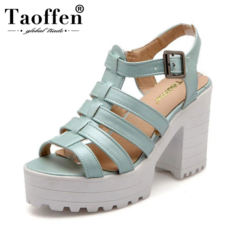 baratas TAOFFEN Bloco Peep Toe com Tira No Tornozelo Sandálias das Mulheres Grossas de Salto Alto Sapatos de Fivela Plataformas Das Sandálias Das Mulheres Plus Size 34 43 P17861