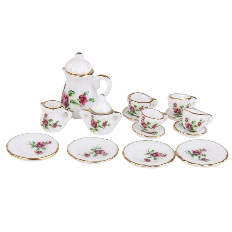 1/12 Doll House Miniature Porcelain Tea Set Dish Cup Plate Red Peony Play Games Furniture DIY Handmade Acce |