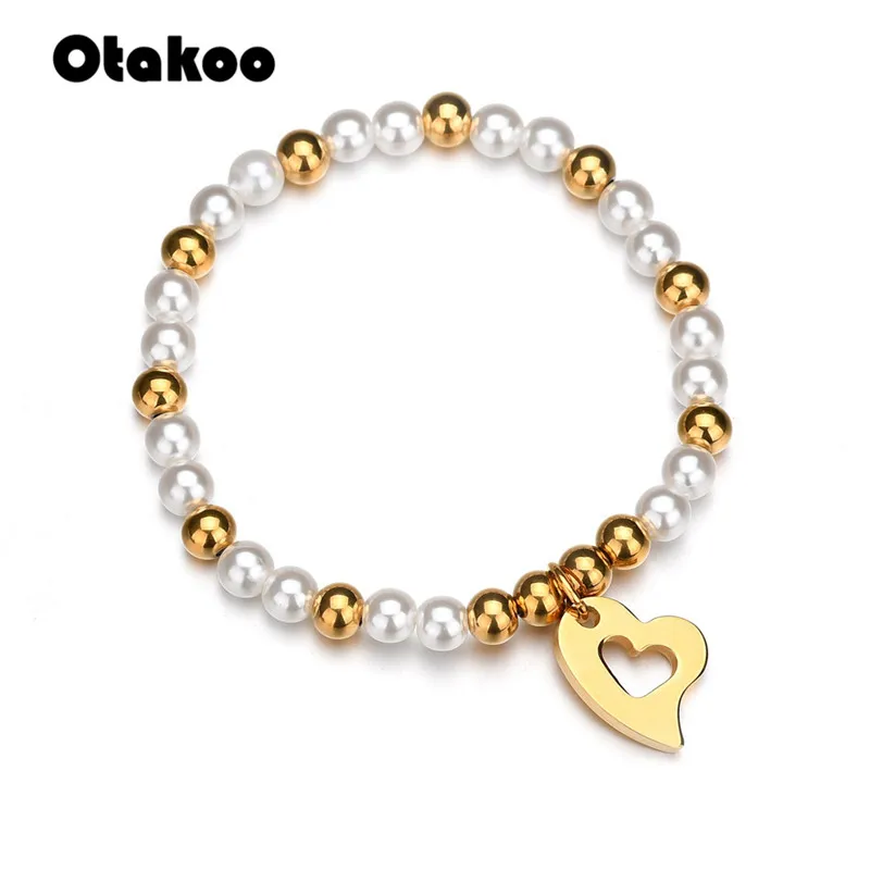 

Otakoo Trendy Personality Jewelry Pearl Bead Heart Gold Color Bead Stainless Steel Bracelets For Women Gift