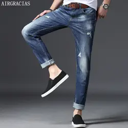 AIRGRACIAS Рваные джинсы Для мужчин Хлопковые Прямые классические Демисезонный Мужской Джинсовые штаны Для мужчин синие джинсы Высокое