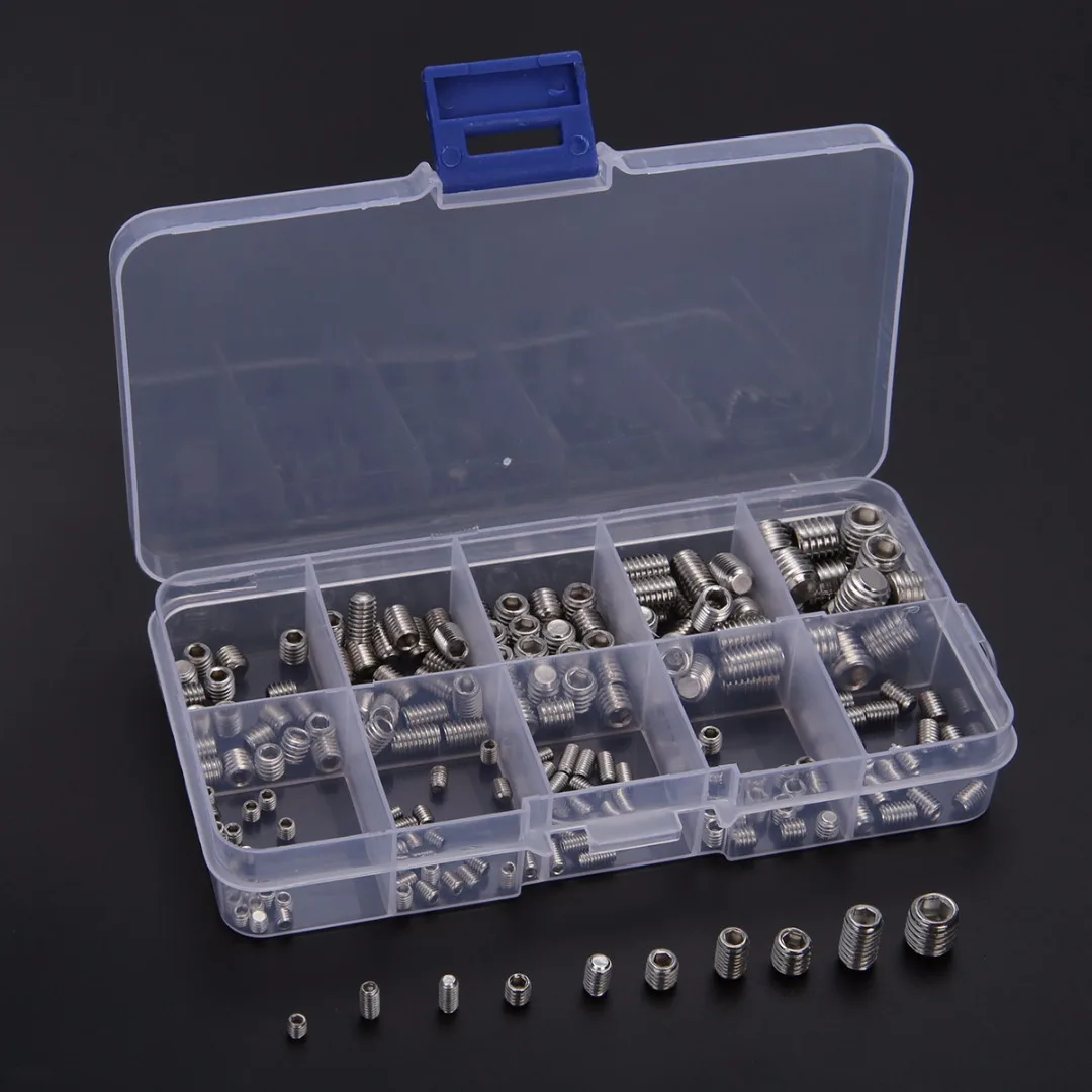 

200pcs Stainless Steel Hex Socket Set Screw M3-M8 Grub Screws Assortment Kit With Plastic Box