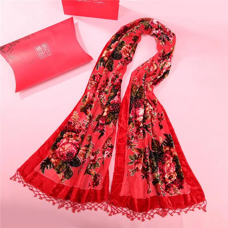 Цветок большой размеры бархат Шелковый шарф хиджаб для женщин девушка элегантный шаль печати Классическая упаковка глушитель Femme теплые Mujere Bufanda - Цвет: Red 1