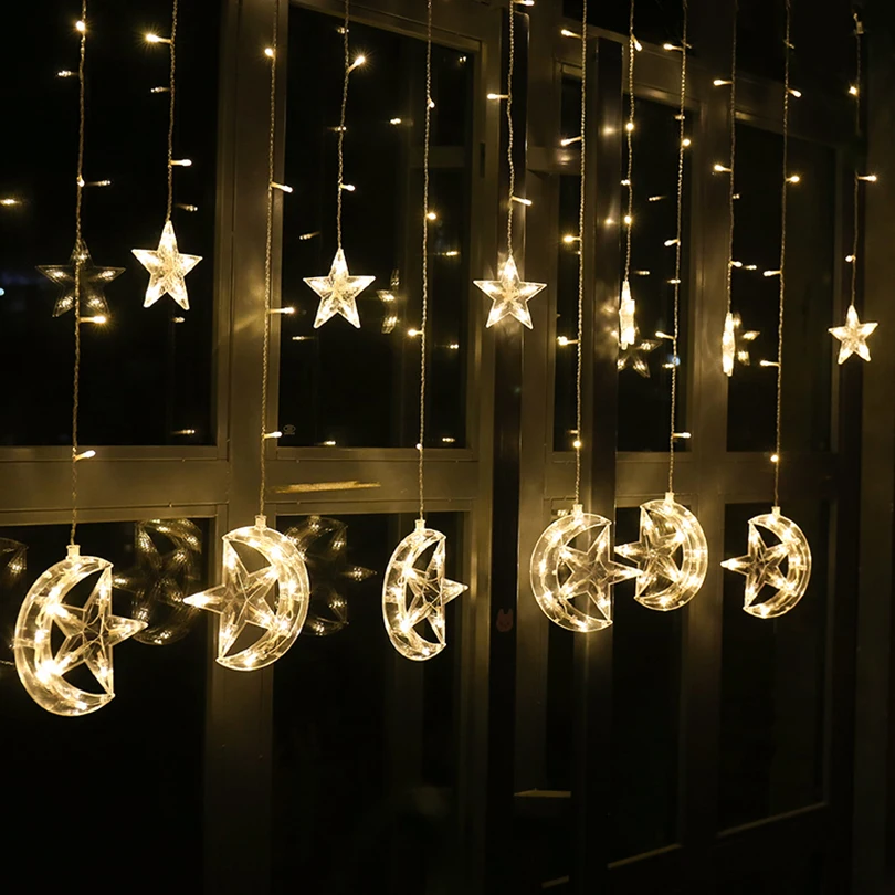 2,5 м 138 светодиодов, Лунная звезда, сосулька, светодиодная занавеска, сказочный светильник, Праздничный Рождественский светильник для свадьбы, дома, вечерние украшения на Рамадан