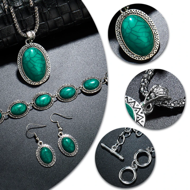 MISANANRYNE, винтажные серебряные кольца, ожерелье, серьги, набор, горячая Распродажа, Этнические украшения с зеленым камнем, наборы, тибетские ювелирные изделия