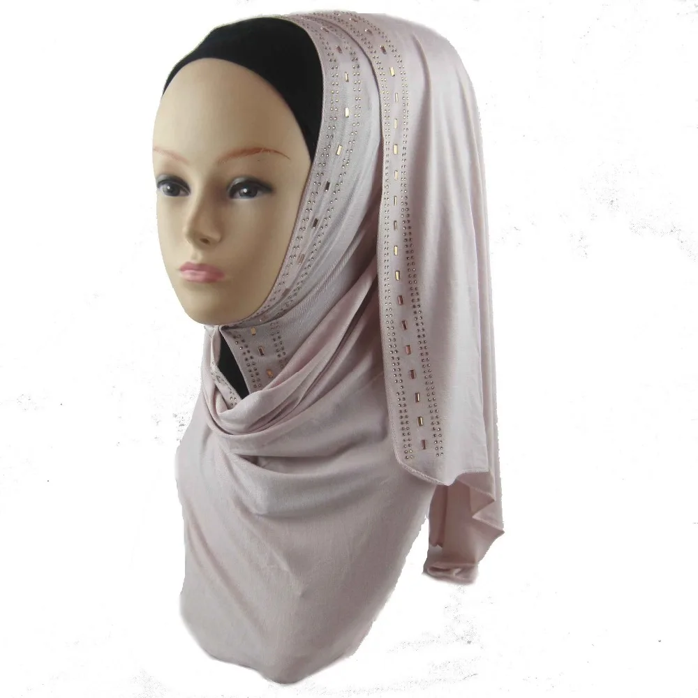 H1260 Soft modal elastic jersey long scarf with gold rhinestones,head scarf wrap,fast delivery