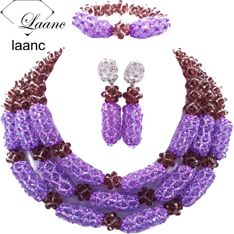 

Brand Laanc Nigerian Wedding African Beads Dark Purple LilacJewelry Set Handmake Beaded Crystal Necklace Bracelet Earrings AL326