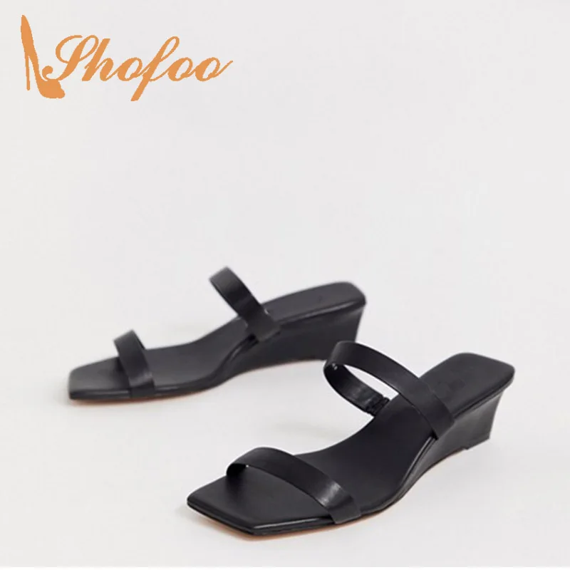 

Black Med Wedges Heels Sandals Woman Large Size 11 12 16 Soft Leather Slides For Ladies Summer Footwear Slippers Concise 2019