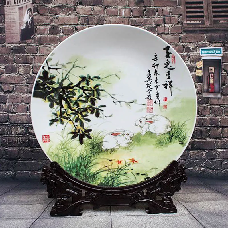 

Ceramic Porcelain Decoration Plate Artistic Collection with Rabbit Painting for Chinese Style Home Decoration