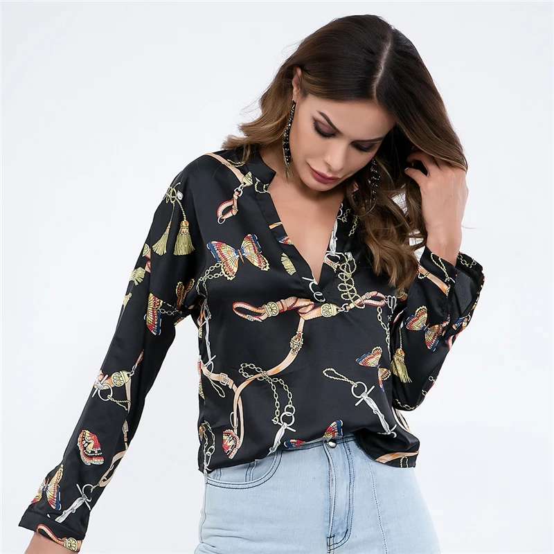 Mariposas con cadenas blusas estampadas en red para cuello en V profundo Sexy negro camisas moda Oficina señora primavera otoño AliExpress Ropa de mujer