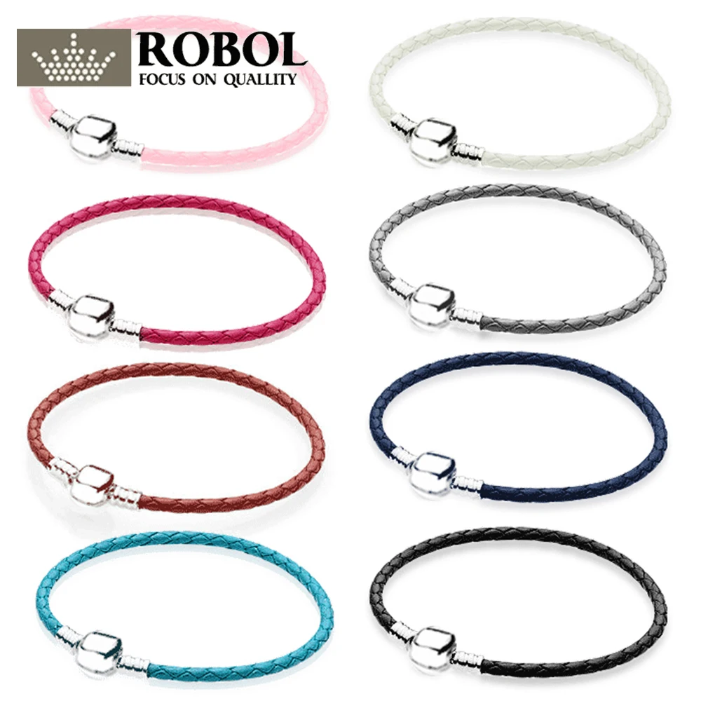 ROBOL 100%925 Sterling Silver Fashion Lovers Leather Double Loop Bracelet (Multi Color Choice) DIY Gift Jewelry Factory Direct