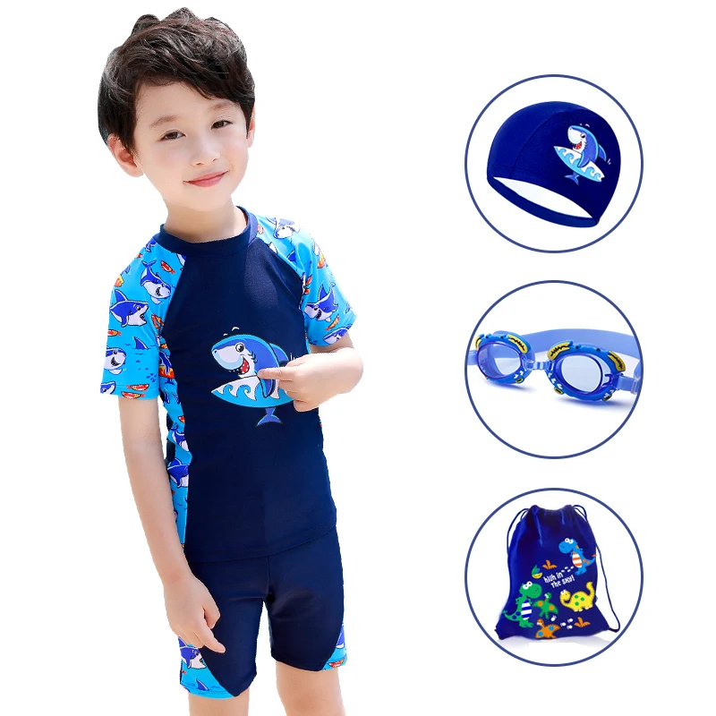 

Boy's Swimsuit Baby Swimwear Child Bathing Suit two-pieces Big Shark Prints cartoon Swimsuit With Cap goggles swimming bags set