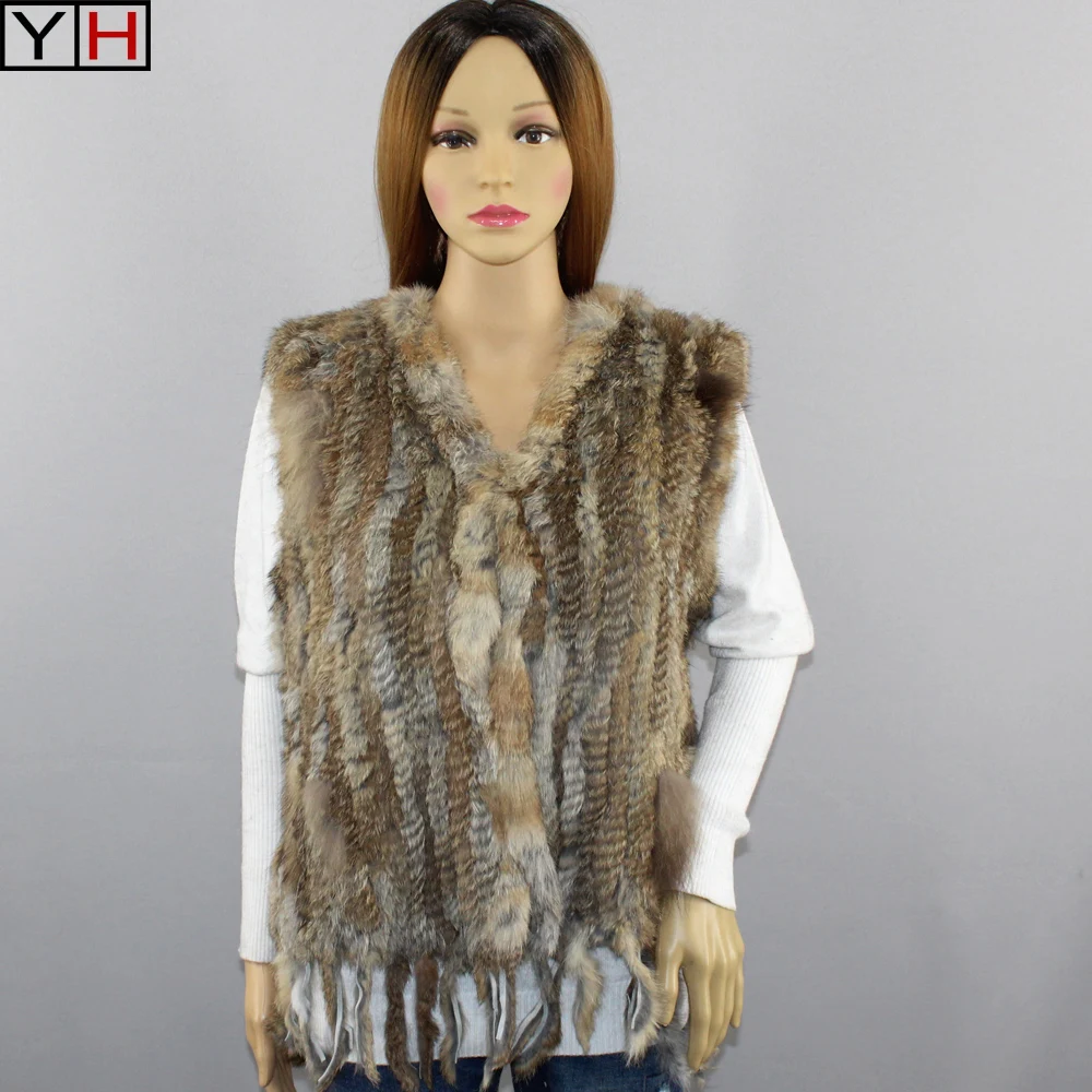

Women Knitted Rabbit Fur Vest Spring Autumn Fashion Knit Real Rabbit Fur Gilet Tassel Sleeveless Coat wholesale Retail