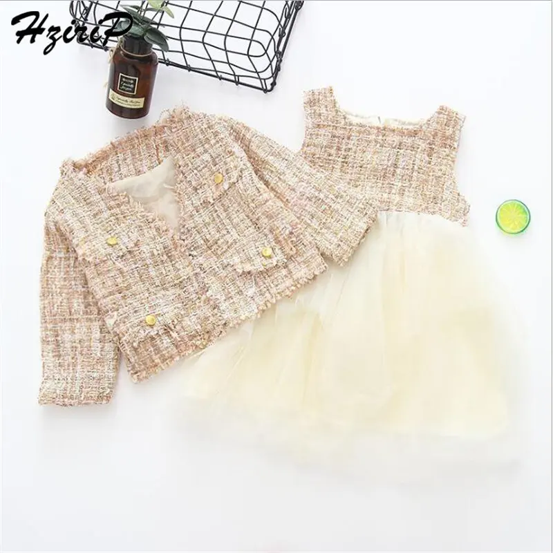 

HziriP 2018 Fashion Kids Clothes Simple Stylish Set Autumn Long Sleeve +Vest Knee-Length Dress Children Clothing Two Pieces