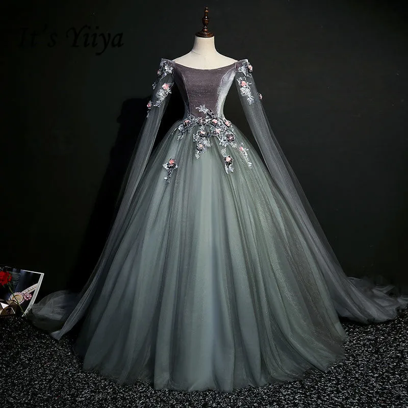 Это YiiYa Свадебные платья Серый с длинным рукавом Аппликации украшение бисером для выреза лодочкой бархат невесты платья Vestidos De Novia Casamento MN007