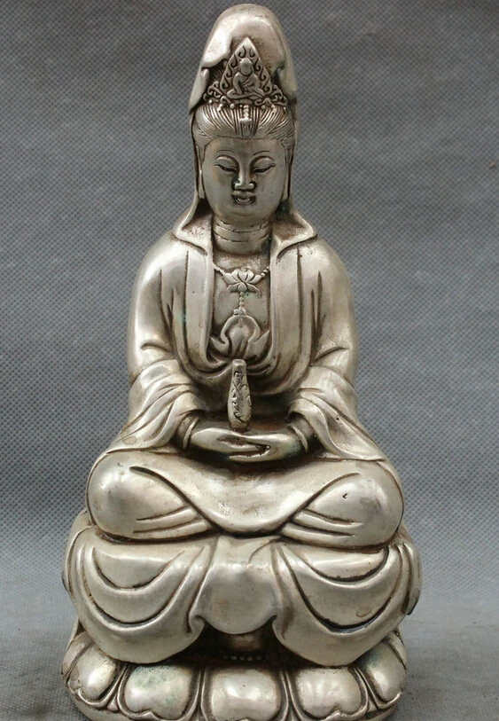 Chinese Silver Buddhism GuanYin Goddess Kwan-yin Buddha Statue