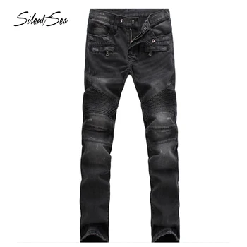 

Silentsea Jeans Men's Slim Fit Personality Stretchy Male Jeans Casual Ripped Denim Full Length Summer Hole Male Pants Black