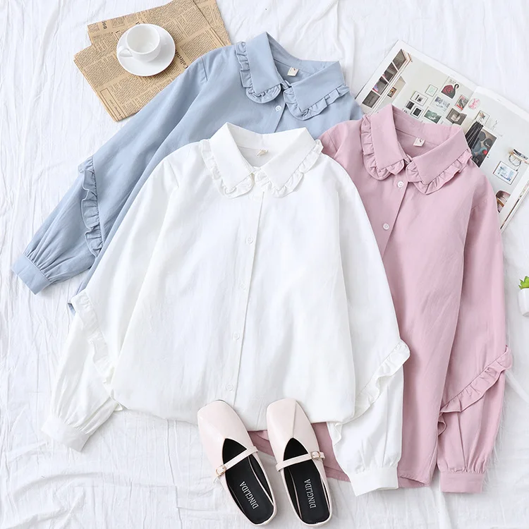 

KYQIAO lolita shirt 2019 mori girls Japanese style designer long sleeve peter pan collar pink blue white blouse tops