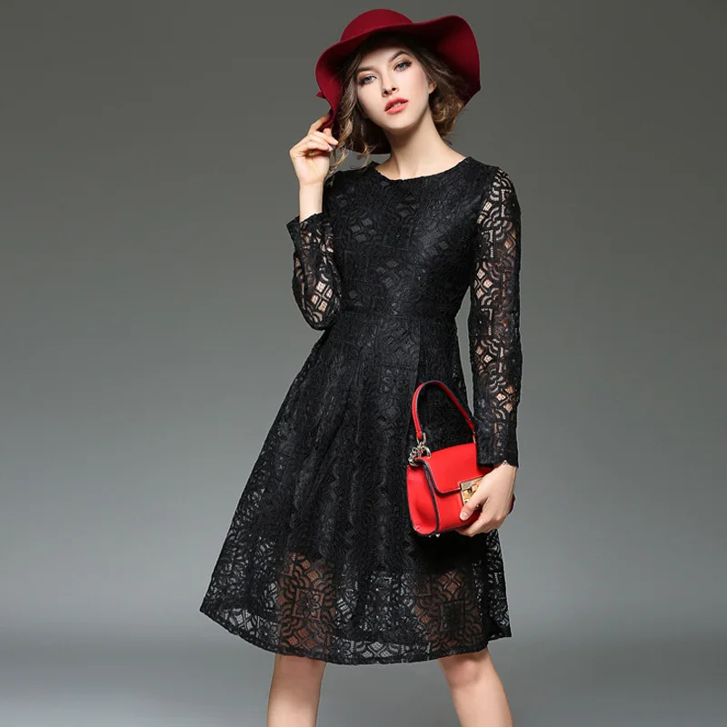 High Quality Women Dress New Spring Summer New Fashion Hollow Lace Slim