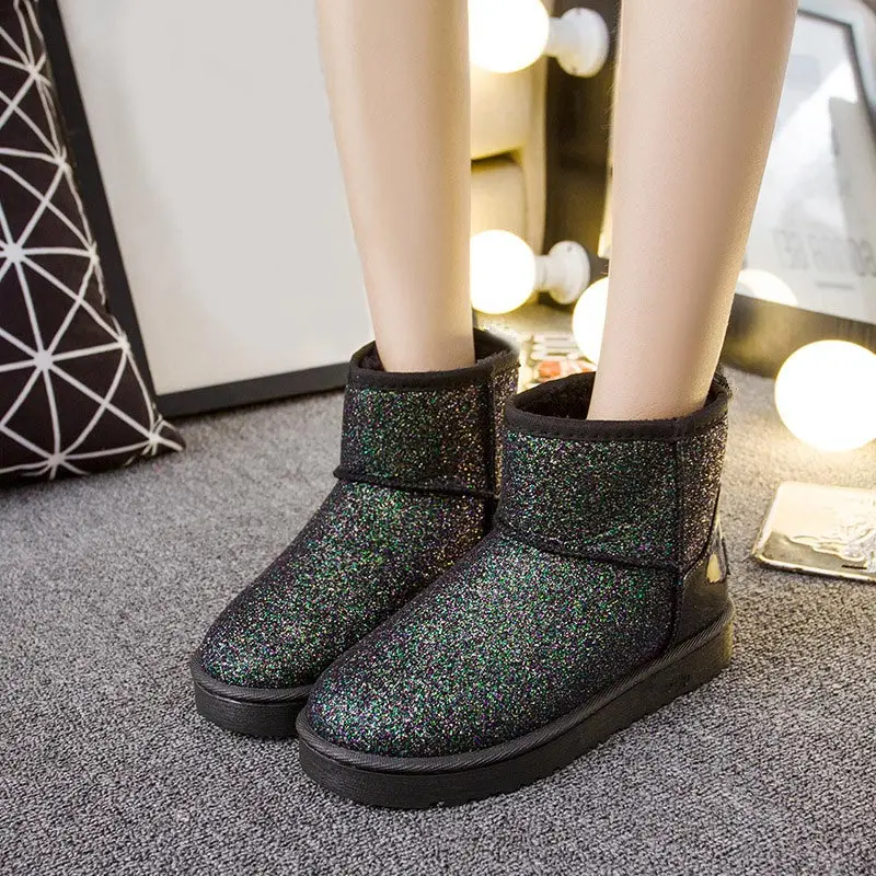 

Women's Warm Flat Winter Ankle Snow Boots Ladies Plush Slip On Bling Cloth Platform Glitter Shoes Female Fashion Casual Footwear