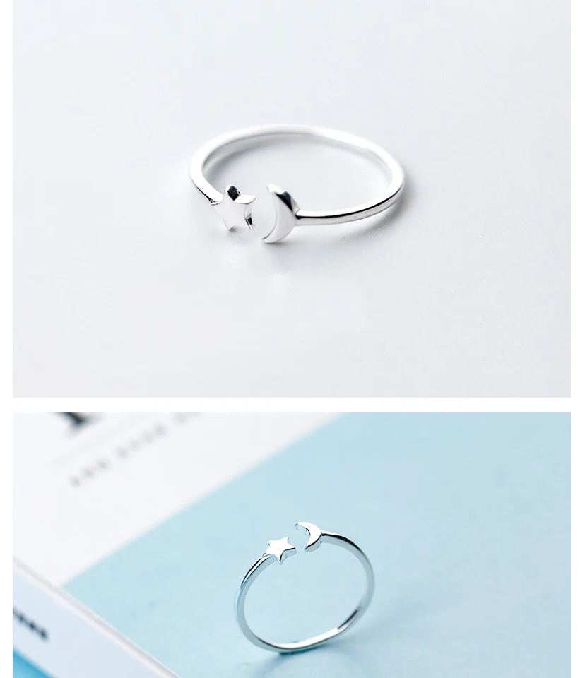 New Fashion 925 Sterling Silver Adjustable Crescent Moon and Tiny Star Rings for Women Girls Sterling Silver Jewelry Wedding (1)