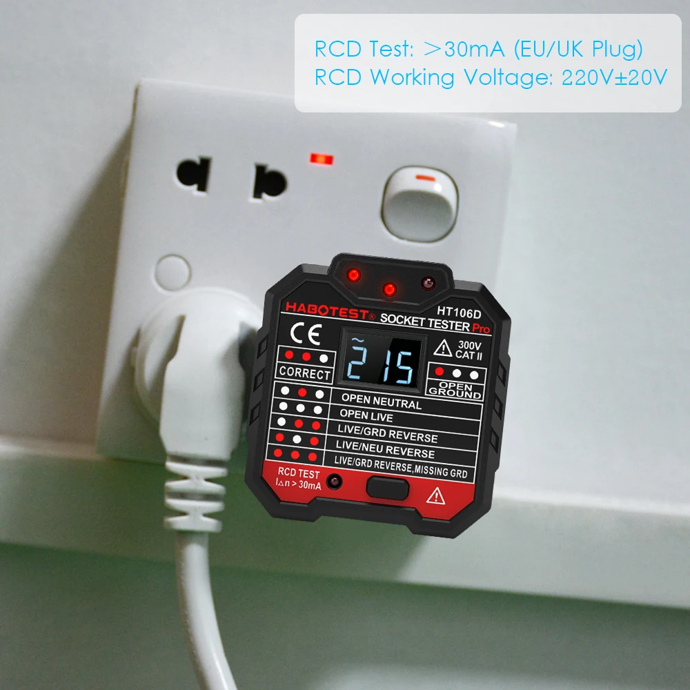 

HT106B HT106D HT106E Digital Display Socket Tester Plug Polarity Phase Check detector Voltage Test Multi-function Electroscope