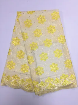 

2017 high quality african embroidery swiss voile laces with stone lace 100% Swiss cotton fabric for sewing dress 5yards yellow