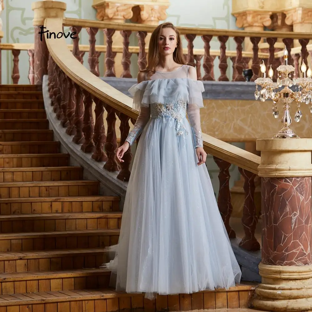 Finove, новинка, платье для выпускного вечера, длинное,, Robe De Soiree, сексуальная иллюзия, полный рукав, о-образный вырез, тюль, аппликация, женские вечерние платья размера плюс