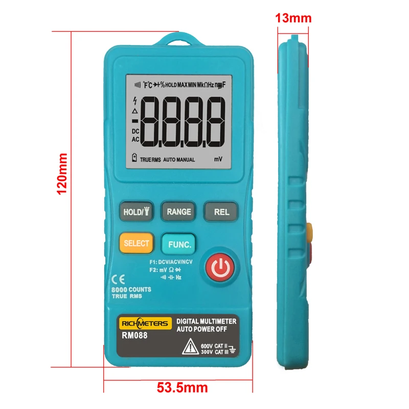 

RICHMETERS RM088 Mini Digital Multimeter 8000 counts Line Frequency True-RMS Flash light AC/DC Voltage Ohm