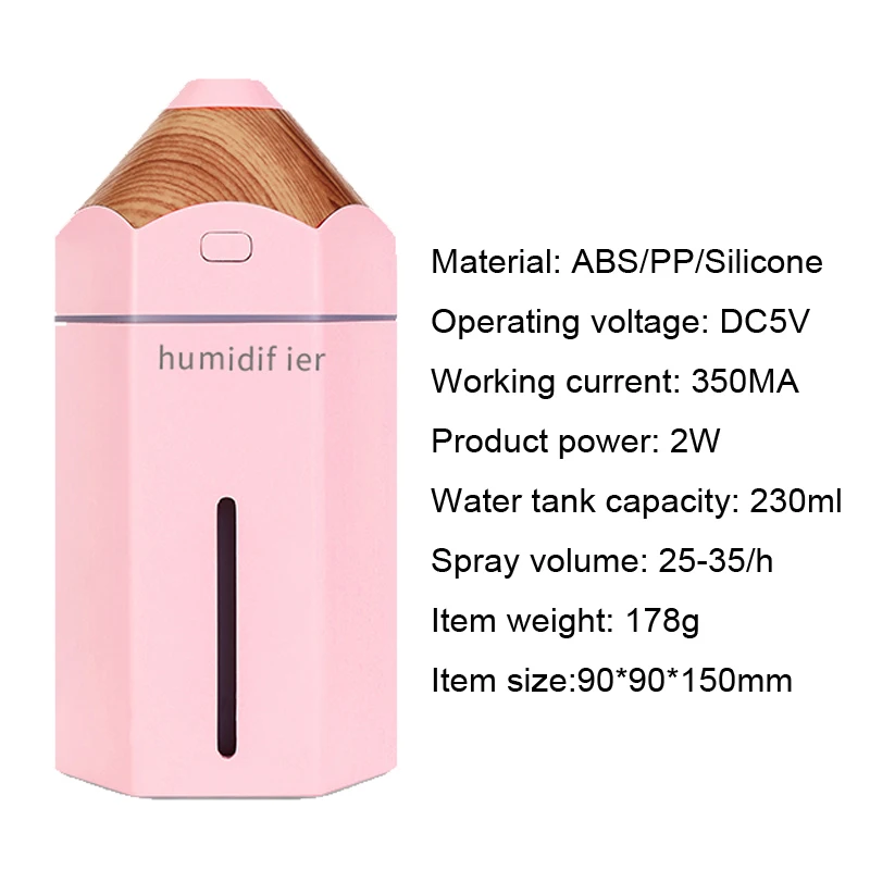 

Mini pencil ultrasonic humidifier essential oil diffuser 230ml aroma light LED magic light USB atomizer car air freshener H