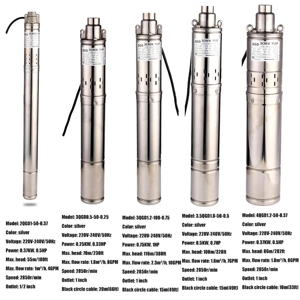 

SHYLIYU 1" Outlet Electric High Pressure Suction Screw Submersible Water Pump 220V Stainless Steel Deep Well Pipe Pump 220V-240V
