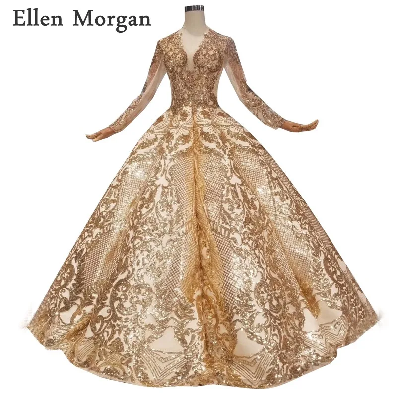 Gold Long Sleeves Ball Gowns Wedding Dresses for Women V Neck Floor