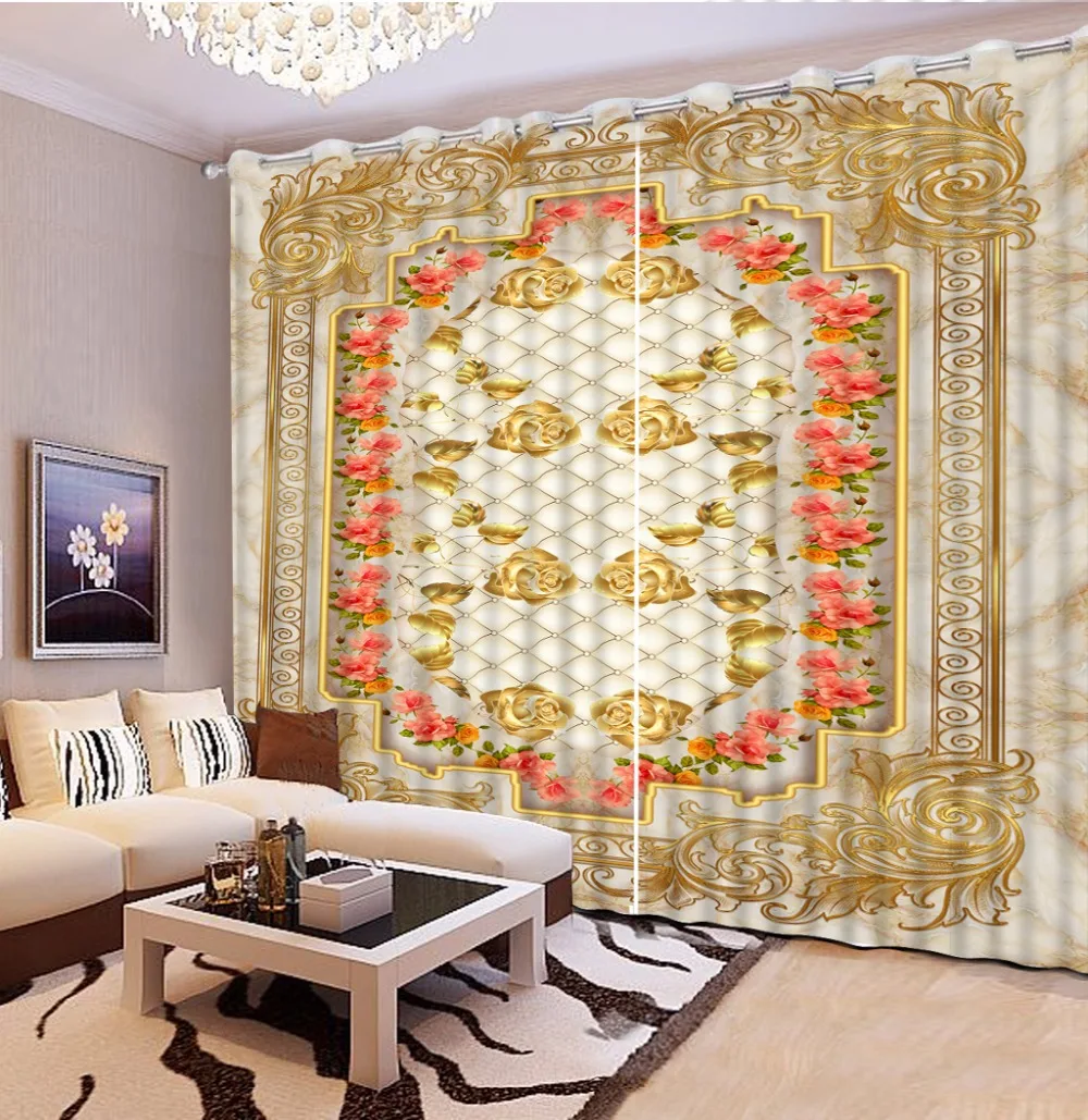 3D Шторы пользовательские Любой Размер Мрамор фон Золотой цветы красные цветы номер Гостиная офис отель Cortinas плотные