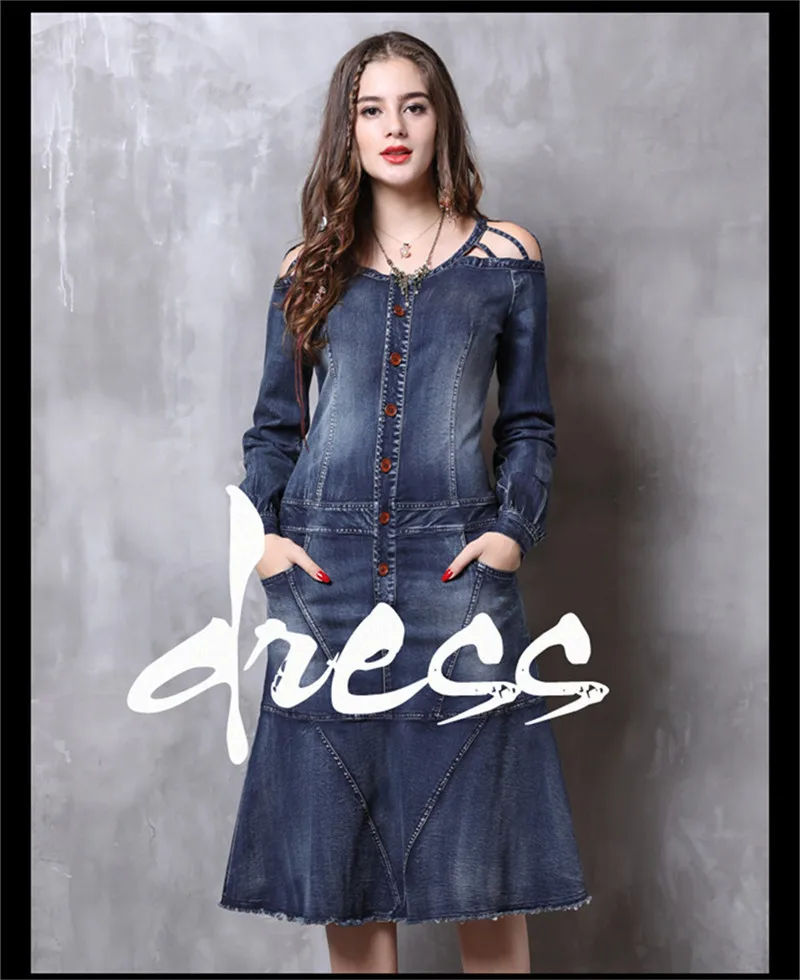 Vintage Autumn Cheongsam Dress Women 2018 New Denim Dresses Chinoiserie Ruffles Mandarin Collar 34 Sleeve China Style Dress (1)