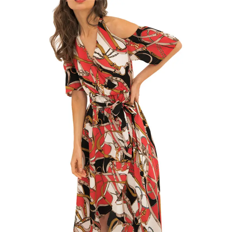  New Fashion Women Summer Lady Elegant Sexy Neck-Tied Bohemian Holiday Dress Chain Flower Casual Daily Beach Long Dress #4F09 (4)