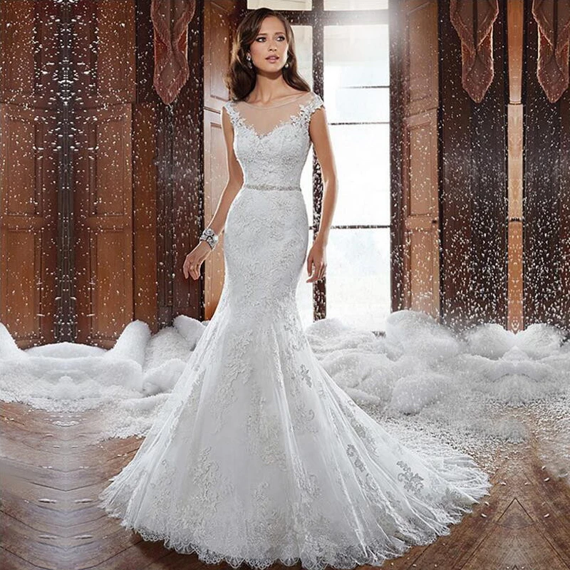 

Fansmile New Vestido De Noiva White Lace Mermaid Wedding Dress 2019 Train Plus Size Customized Wedding Gown Bride Dress FSM-580M