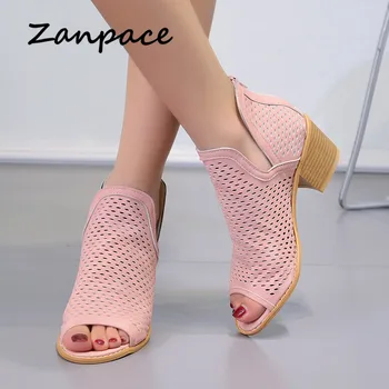 

2019 Spring Boots Women Big Size 43 Summer Ankle Boots Peep Toe Zip High Heel Boots Ladies Shoes Woman Leisure Square heel Boots
