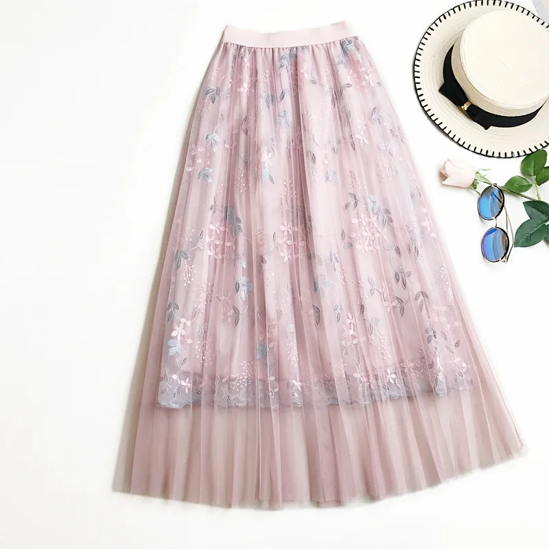 

XQXON Floral Embroidery Beautiful Long Skirts Women 2019 Summer High Waist Pleated Tulle Skirts Female School Pink Maxi Skirt