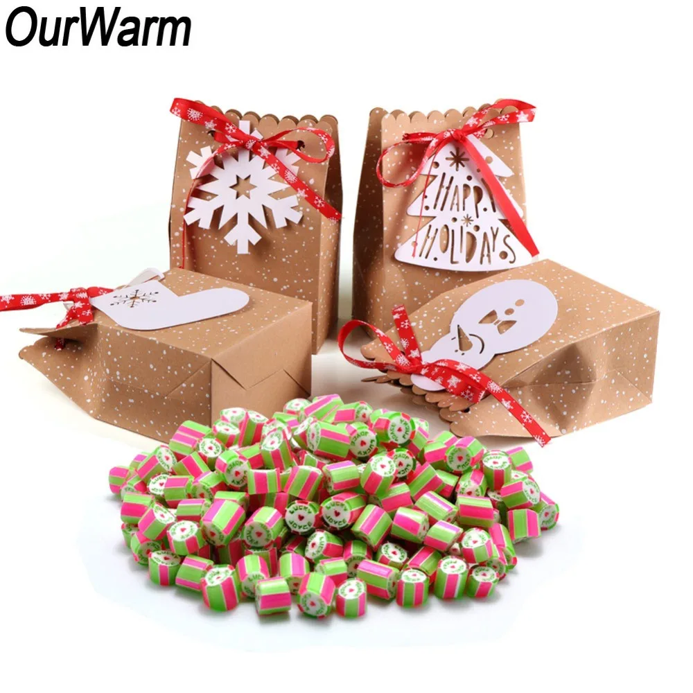 

OurWarm 4pcs Christmas Kraft Paper Bags Cute Snowflake Christmas Tree Pendant Candy Boxes for 2019 New Year Party Favor Gift Bag