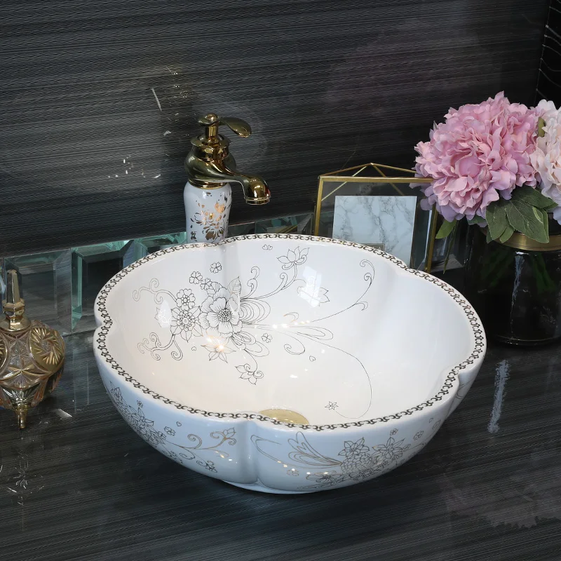 

White flower glazed porcelain bathroom vanity bathroom sink bowl countertop Round Ceramic bathroom sink wash basin