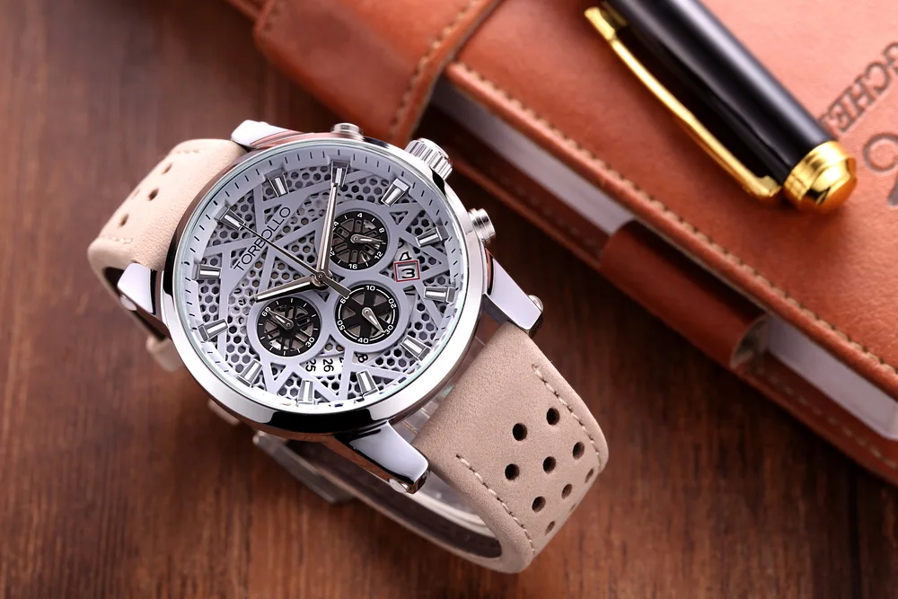 High Quality Original Brand Leather Dress Mens Watch Men Grey Chronograph Clocks Water Resistant