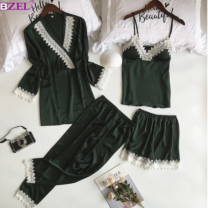 

2019 Autumn Winter Women Pajamas Sets 4 Pieces Fashion Spaghetti Strap Satin Sleepwear Female Silk Home Wear Sexy Lace Pijama
