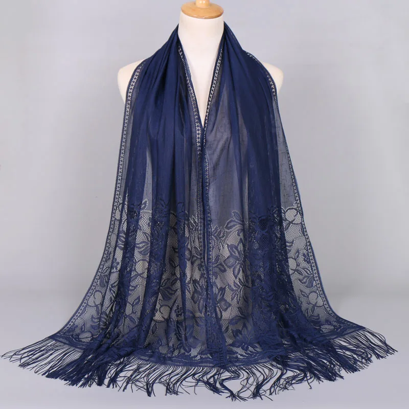 

2018 Luxury Brand Plain Lace Floral Chain Tassel Shawl Scarf Women Thin Bandanas Wrap Foulard Stole Muslim Hijab Snood 170*65Cm