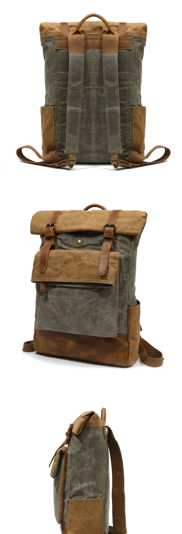 VORDERES DISPLAY und SEITLICHES DISPLAY des stilvollen, handgefertigten Rolltop-Rucksacks aus gewachstem Canvas von Woosir