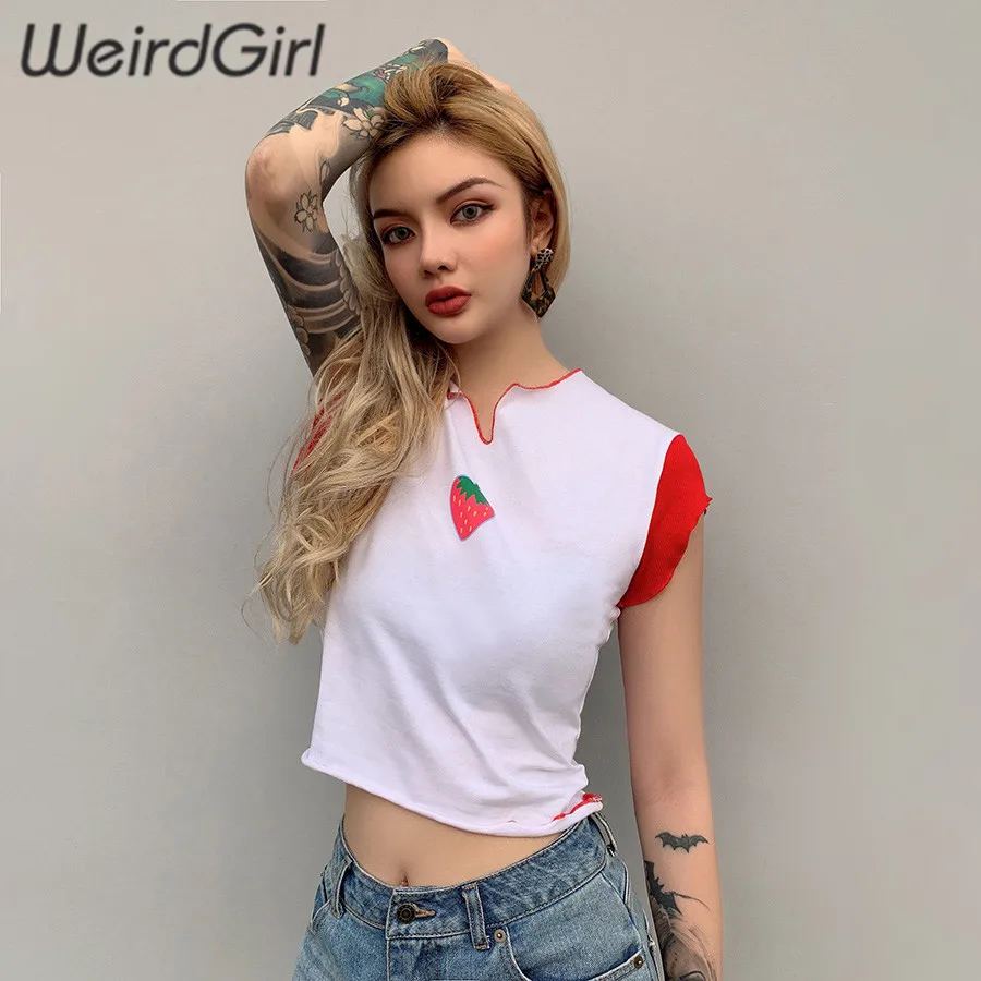 Weirdgrirl, женская футболка, клубника, милая, короткий рукав, модные женские топы, красный, розовый, пэчворк, уличная одежда, летняя, крутая, новинка