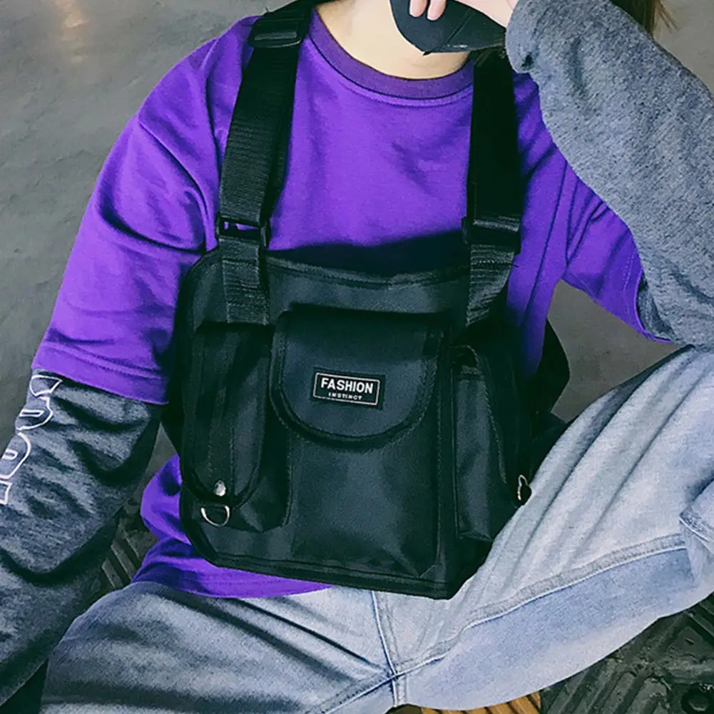 

Women Men Streetwear Fashion Functional Nylon Shoulder Backpack Sports Vest Fanny Pack Hip Hop Adjustable Waist Chest Bag