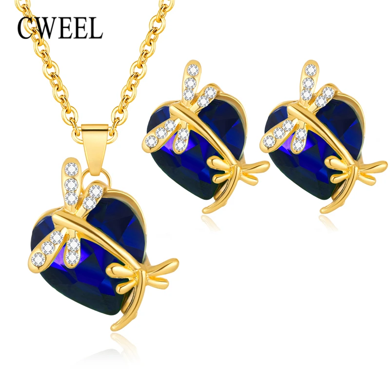 

CWEEL Women Imitation Crystal Butterfly Jewelry Sets Necklace Earrings African Beads Jewelry Set Ethiopian Wedding Accessories