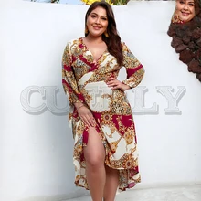 CUERLY v-neck plus size sexy dress women Elegant bohemian high waist split summer dress Wrap bandage print ladies midi dress CUERLY v-neck plus size sexy dress women Elegant bohemian high waist split summer dress Wrap bandage print ladies midi dress