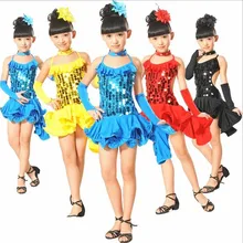 Free Shipping 4 Colors Children Latin Dance Dresses for Girls Kids Sequin Samba Salsa Tango Ballroom Dancing Clothes Costumes